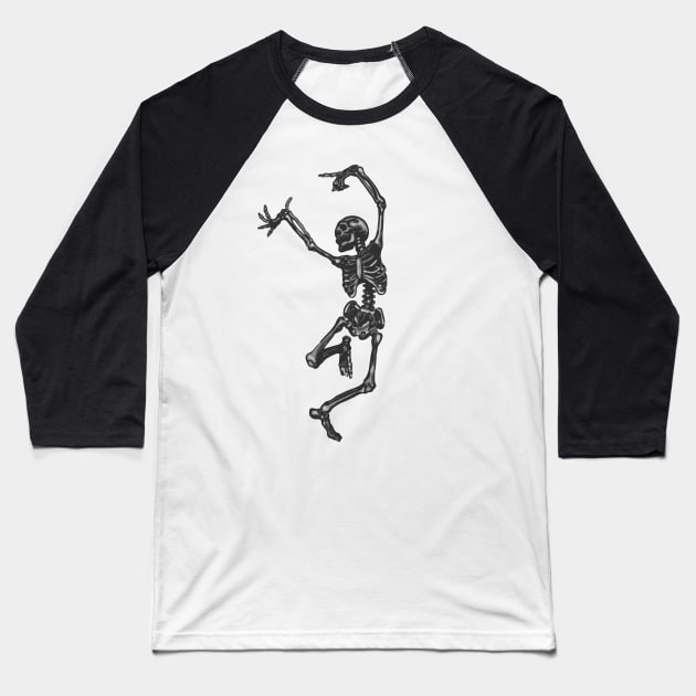 Dancing Gray Skeleton Baseball T-Shirt by Slightly Unhinged